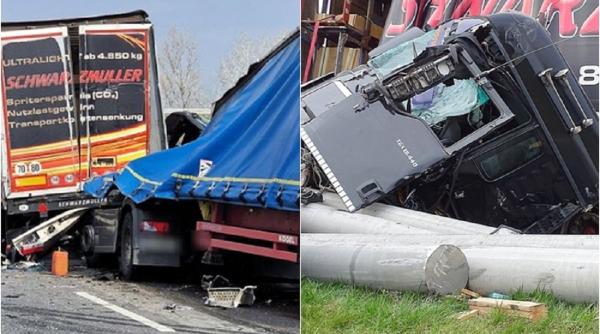 Ungaria. Sfârșit cumplit pentru un șofer român de TIR: Stâlpii de beton pe care-i transporta au smuls cabina de pe șasiu, în urma impactului cu un camion - FOTO