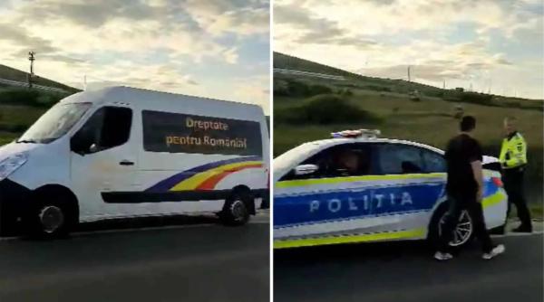 Microbuz cu simpatizanți AUR, oprit în trafic: Șoferul, gest iresponsabil făcut chiar în fața mașinii de Poliție
