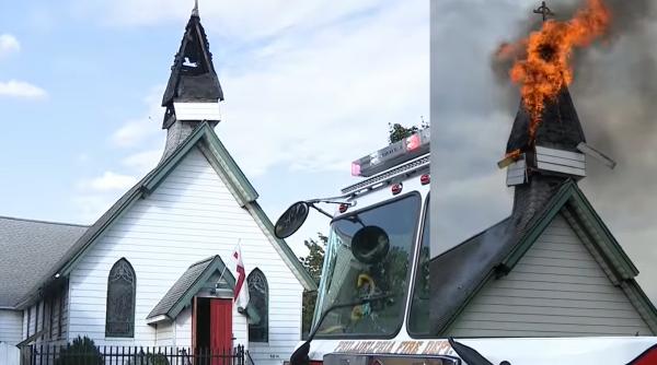Credincioșii au rămas șocați: Un fulger a făcut o gaură într-o biserică și a dărâmat o cruce de pe acoperiș