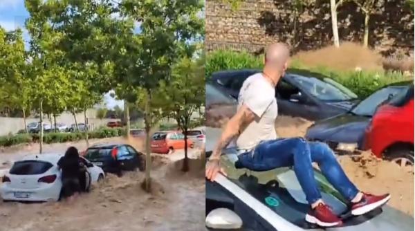 Zaragoza, devastată de o furtună violentă: Oamenii au urcat pe mașini și s-au agățat de copaci ca să nu fie luați de puhoaie