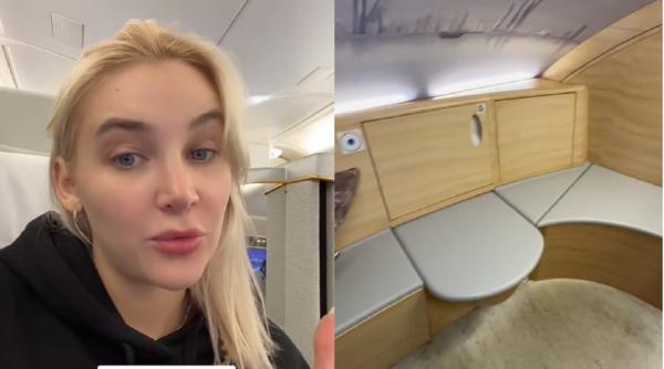 O româncă, impresionată de clasa întâi la Emirates. Un zbor costă 7000 euro. Ce surprize a descoperit în timpul zborului - VIDEO