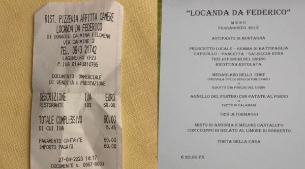 Surpriză plăcută la un restaurant din Italia: O notă de plată de 60 de euro pentru șapte persoane. "Am mâncat antreul, felul întâi și felul doi"