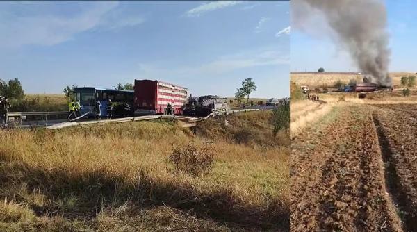 UPDATE. Accident extrem de grav între două autocare și un TIR. Planul Roșu de Intervenție, activat în Teleorman; cel puțin patru victime / VIDEO