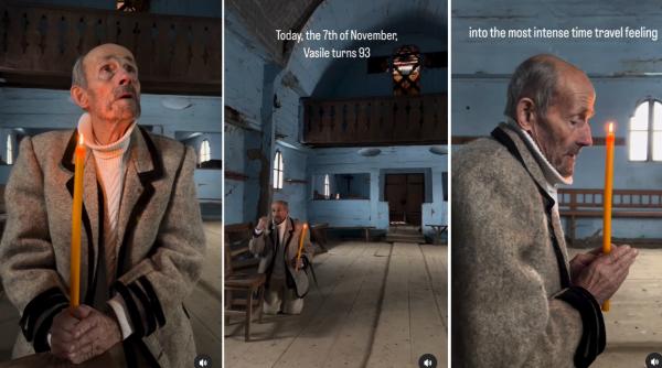 Imaginea din România care a impresionat mapamondul: Vasile, un român de 93 de ani, în genunchi de ziua lui, într-o biserică părăsită / VIDEO