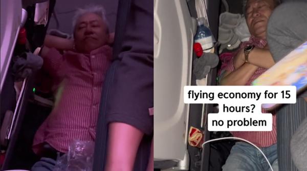 Un tată a ajuns viral după ce a adoptat o poziție bizară de dormit pe un zbor lung: „Voi fura această idee"