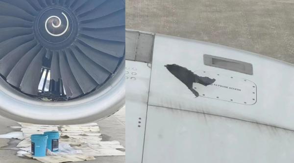 Panică în aer: pasagerii au privit îngroziți cum paletele turbinei au făcut o gaură în aeronavă - VIDEO