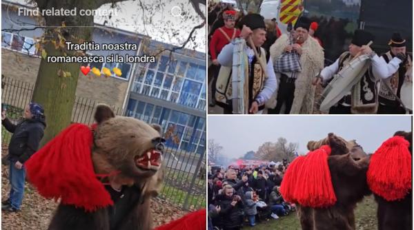 Românii au mers "cu ursul" La Londra, spre uimirea trecătorilor care au înțeles cu greu ce se întâmplă - VIDEO