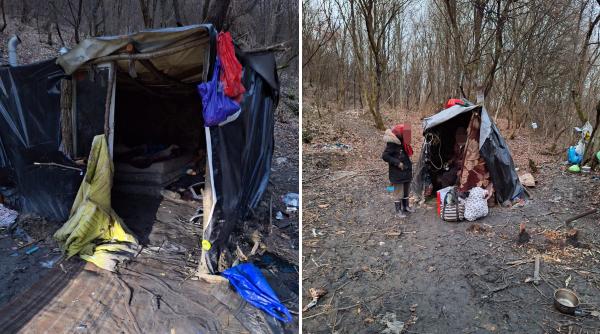 Trăiau ca în Evul Mediu: Opt români, între care și doi copii mici, găsiți într-un cort improvizat la marginea unei păduri; micuții, grav bolnavi / FOTO-VIDEO