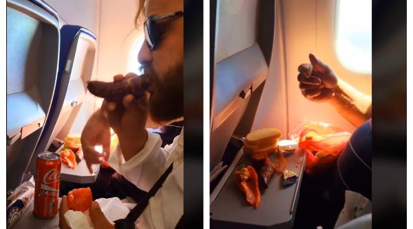 Doi români s-au filmat mâncând roșii și cârnați în avion. Revoltă pe internet