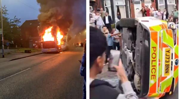 VIDEO - Revoltă în Leeds: românii au atacat și răsturnat o mașină de poliție. Autoritățile ar fi încercat să ia copiii unei familii