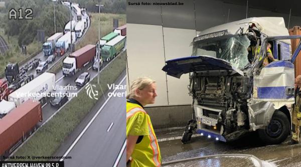 Belgia. Un șofer român a pierdut controlul volanului într-un tunel și s-a izbit de perete. Bărbatul a rămas blocat în tir / FOTO