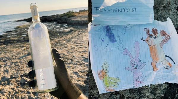  Călătoria miraculoasă a unui mesaj într-o sticlă. O fetiță a aruncat sticla în apele din Grecia și a fost găsită tocmai în Puglia