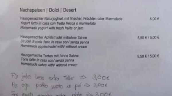 Turiștii sunt furioși. Un restaurant din Italia și-a taxat clienții cu trei euro pentru farfuriile goale suplimentare