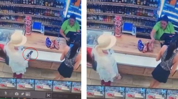 Momentul în care o femeie de 84 de ani a furat telefonul unei tinere într-un supermarket din România / VIDEO