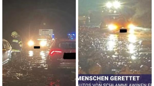 Mașini luate de noroi de jumătate de metru, pe șosea în Austria. Șoferii au rămas prinși în aututurisme