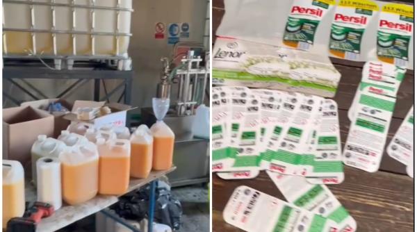 VIDEO Imagini de la falsificatorii de detergenți. Produse "premium", fabricate în magazii în spatele casei
