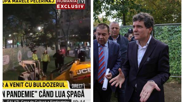 Nicușor Dan a dat "atacul de noapte" la planșeul Unirii. Polițiștii locali s-au pus în fața buldozerelor și au sunat la ambulanță 