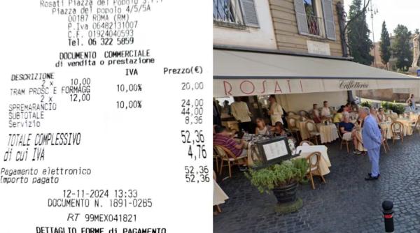 Notă de plată de 52 de euro pentru 2 sandvișuri și 2 sucuri. Patronul cafenelei din Roma se apără: "Locul justifică prețurile"