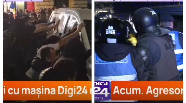 Protestele au escaladat. Mașina Digi24, răsturnată de protestatari, mai mulți jandarmi răniți. Se folosesc gaze lacrimogene
