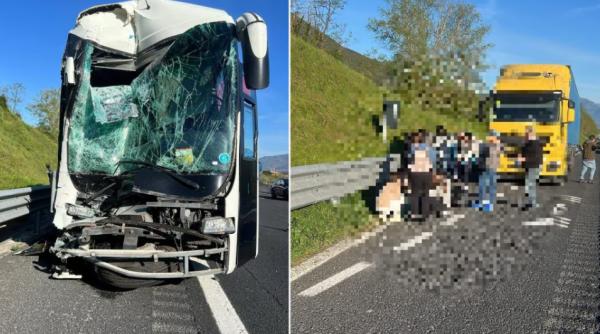 Accident grav pe autostradă în Italia: Ciocnire între un camion și un autobuz cu 40 de copii la bord