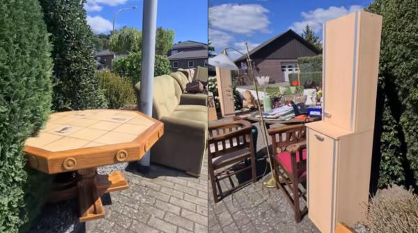 Ce comori aruncă nemții: O româncă a filmat o stradă plină de mobilă și obiecte de valoare