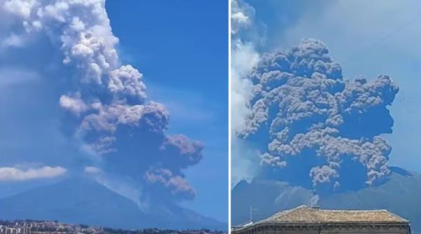Vulcanul Etna a erupt violent: Fântână de lavă și nor de cenușă vizibil de la kilometri depărtare. Alertă roșie pe aeroportul Catania