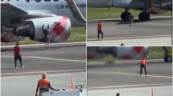 VIDEO - Momentul în care bărbatul se aruncă în motorul avionului pe aeroportul din Bergamo