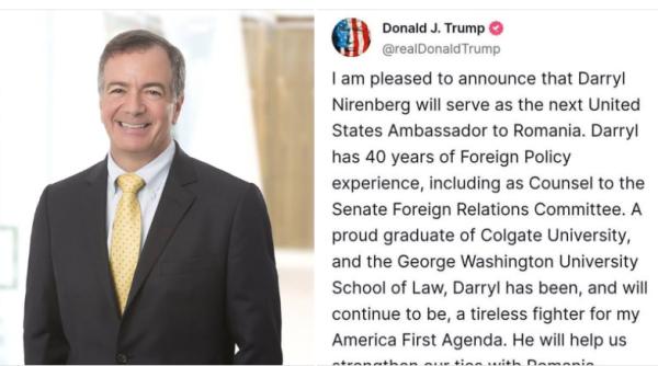 Darryl Nirenberg, nominalizat ambasador al SUA la București: "Relaţia cu România nu a fost niciodată mai importantă"