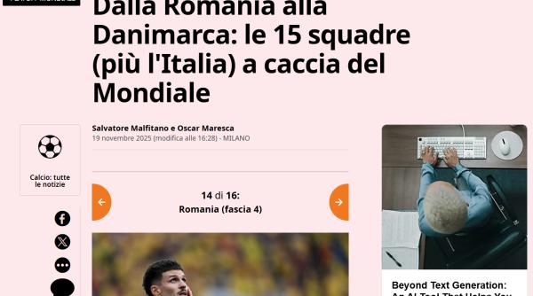 Gazzetta dello Sport: Suedia şi România, două echipe pe care Italia nu va fi încântată să le întâlnească la barajul pentru Cupa Mondială