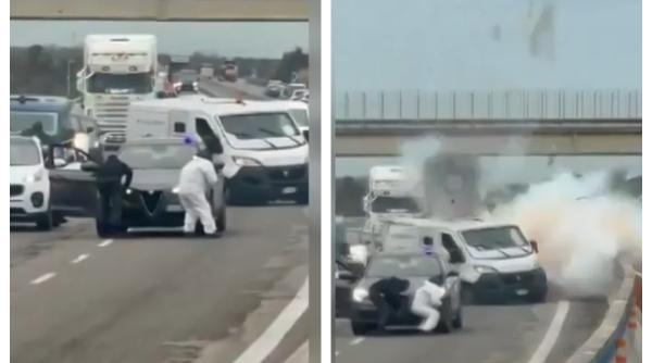 Dubă blindată, plină cu bani atacată cu explozibili pe autostradă în Italia. Hoții au fugit cu toți banii 