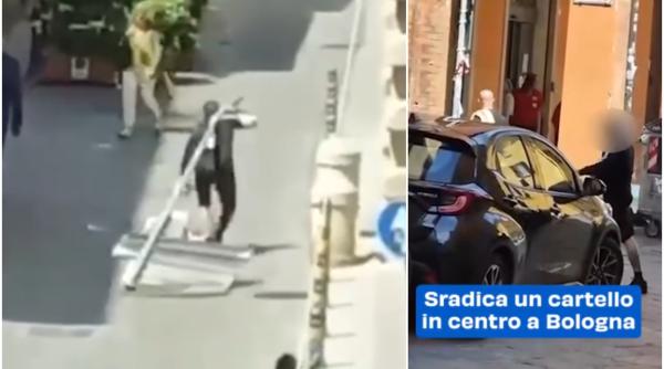 Gest greu de înțeles al unui român din Italia. A smuls un indicator și l-a cărat în spate prin centrul orașului