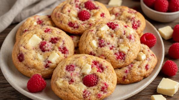 Cookies cu ciocolată albă și zmeură proaspătă. Un desert perfect pentru weekend